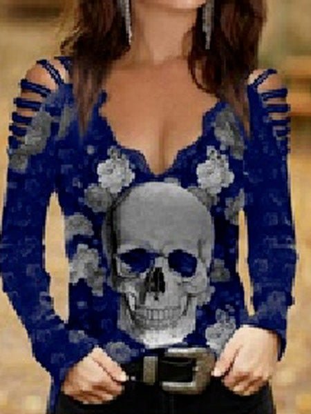 Women's T-Shirts Skull Print V-Neck Lace Off-the-Shoulder T-Shirt - T-Shirts - Instastyled | Online Fashion Free Shipping Clothing, Dresses, Tops, Shoes - 09/06/2022 - Color_Black - Color_Blue