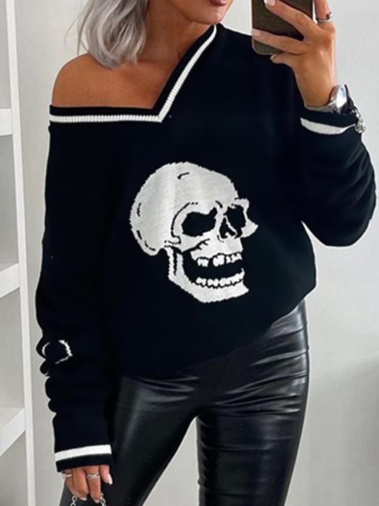 Women's T-Shirts Skull Print V-Neck Long Sleeve T-Shirt - T-Shirts - Instastyled | Online Fashion Free Shipping Clothing, Dresses, Tops, Shoes - 13/12/2021 - 20-30 - color-black