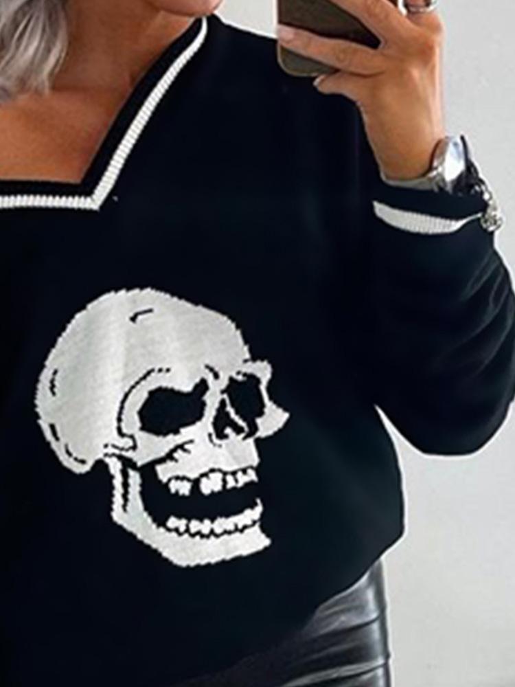 Women's T-Shirts Skull Print V-Neck Long Sleeve T-Shirt - T-Shirts - Instastyled | Online Fashion Free Shipping Clothing, Dresses, Tops, Shoes - 13/12/2021 - 20-30 - color-black