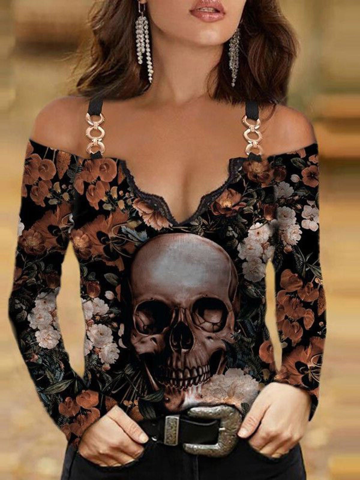 Women's T-Shirts Skull Print V-Neck Off Shoulder Lace Long Sleeve T-Shirt - T-Shirts - Instastyled | Online Fashion Free Shipping Clothing, Dresses, Tops, Shoes - 17/06/2022 - Color_Black - Color_Multicolor