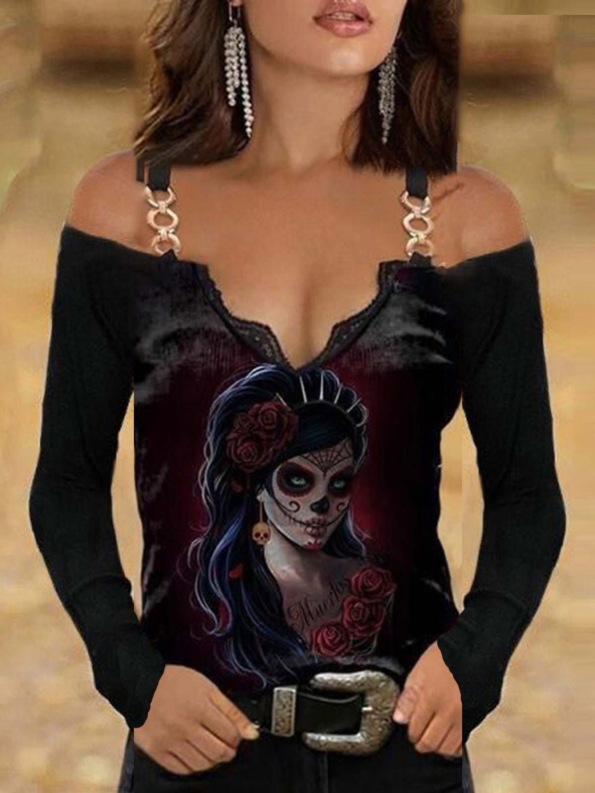 Women's T-Shirts Skull Print V-Neck Off Shoulder Lace Long Sleeve T-Shirt - T-Shirts - Instastyled | Online Fashion Free Shipping Clothing, Dresses, Tops, Shoes - 17/06/2022 - Color_Black - Color_Multicolor