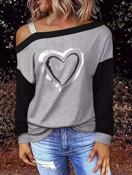 Women's T-Shirts Slanted Shoulder Love Print Long Sleeve T-Shirt - T-Shirts - INS | Online Fashion Free Shipping Clothing, Dresses, Tops, Shoes - 20-30 - 22/11/2021 - color-gray