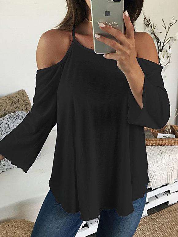 Women's T-Shirts Sling Open Back Long Sleeve Off-Shoulder T-Shirt - T-Shirts - INS | Online Fashion Free Shipping Clothing, Dresses, Tops, Shoes - 10-20 - 23/09/2021 - color-black