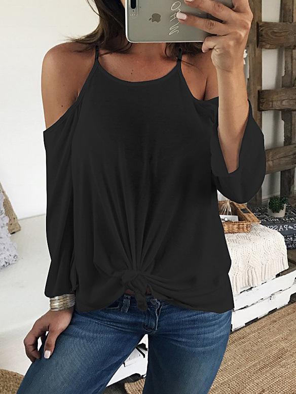 Women's T-Shirts Sling Open Back Long Sleeve Off-Shoulder T-Shirt - T-Shirts - INS | Online Fashion Free Shipping Clothing, Dresses, Tops, Shoes - 10-20 - 23/09/2021 - color-black