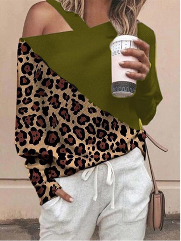 Women's T-Shirts Sloping Shoulder Leopard Stitching Printed T-Shirts - T-Shirts - INS | Online Fashion Free Shipping Clothing, Dresses, Tops, Shoes - 01/09/2021 - 10-20 - Category_T-Shirts