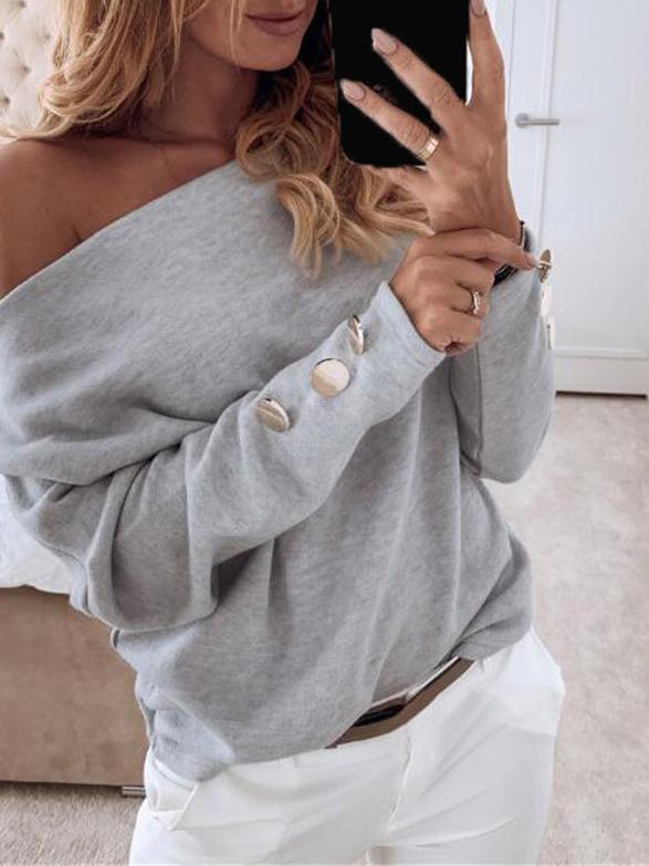 Women's T-Shirts Solid Boat Neck Button Long Sleeves T-Shirt - T-Shirts - INS | Online Fashion Free Shipping Clothing, Dresses, Tops, Shoes - 1/11/2021 - 10-20 - color-gray