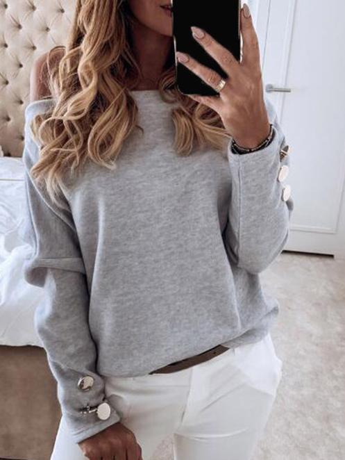 Women's T-Shirts Solid Boat Neck Button Long Sleeves T-Shirt - T-Shirts - INS | Online Fashion Free Shipping Clothing, Dresses, Tops, Shoes - 1/11/2021 - 10-20 - color-gray