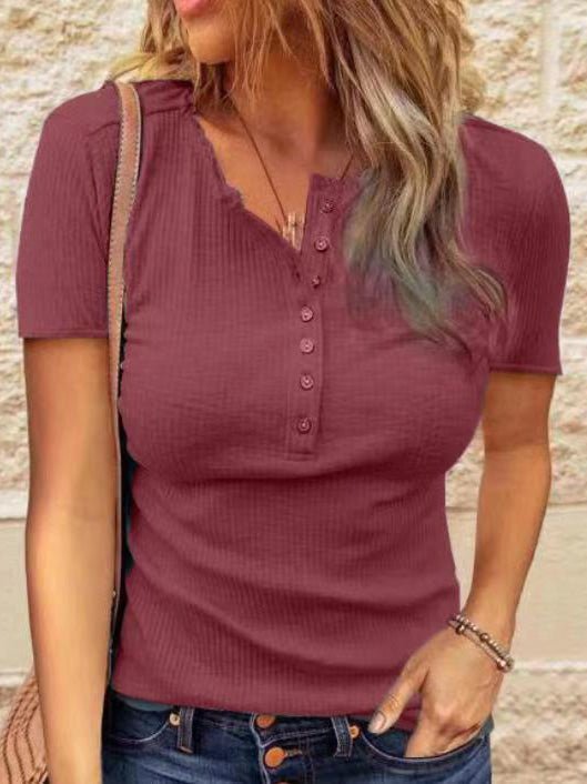 Women's T-Shirts Solid Button Short Sleeve Knit Slim Fit T-Shirt - T-Shirts - Instastyled | Online Fashion Free Shipping Clothing, Dresses, Tops, Shoes - 08/07/2022 - 20-30 - color-apricot