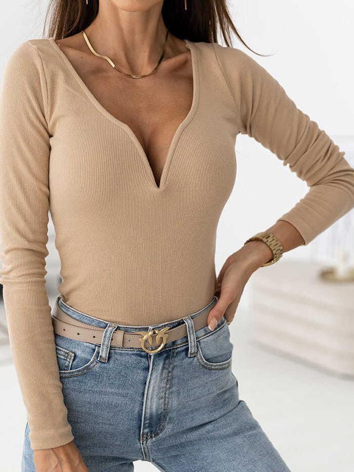 Women's T-Shirts Solid Deep V-Neck Long Sleeve Ribbed T-Shirt - T-Shirts - INS | Online Fashion Free Shipping Clothing, Dresses, Tops, Shoes - 01/09/2021 - 10-20 - Category_T-Shirts