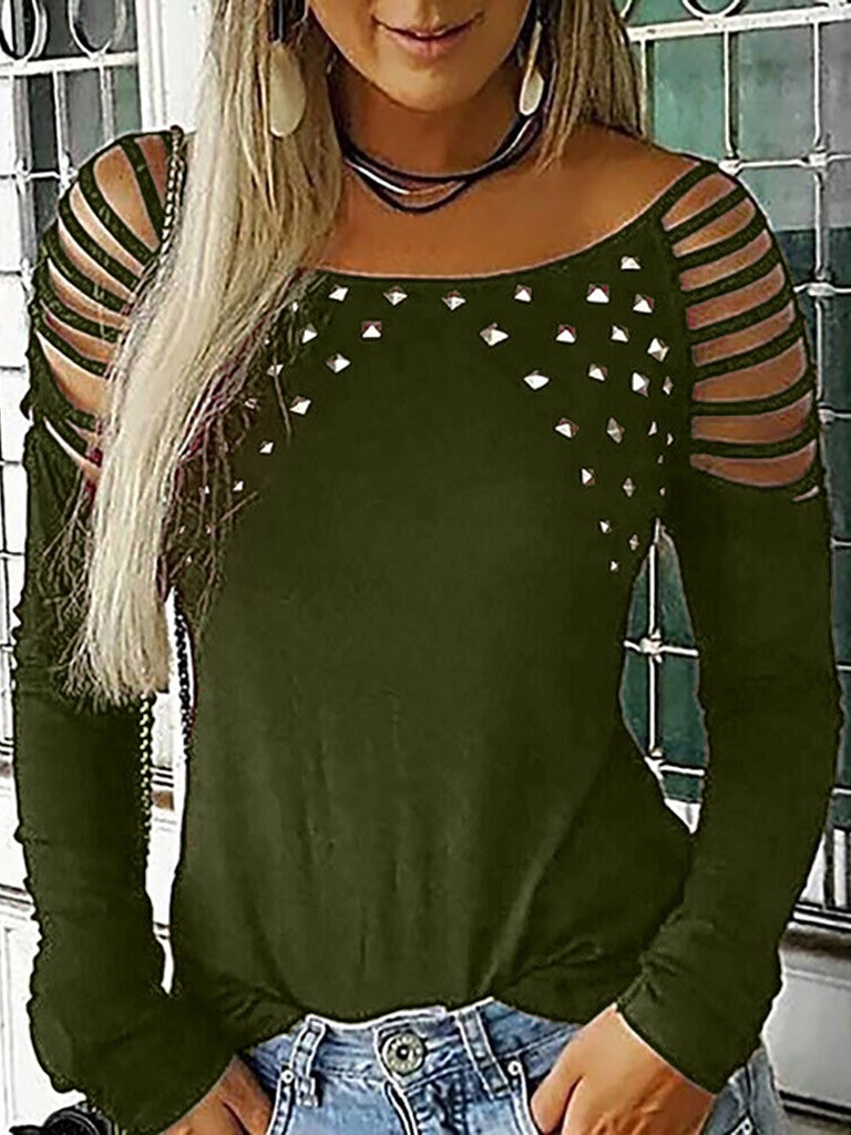 Women's T-Shirts Solid Hot Diamond Long Sleeve T-Shirt - T-Shirts - Instastyled | Online Fashion Free Shipping Clothing, Dresses, Tops, Shoes - 18/01/2022 - 20-30 - color-army_green