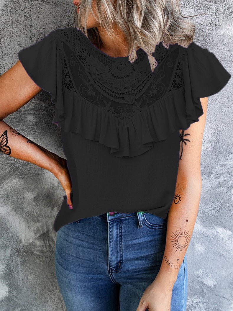 Women's T-Shirts Solid Lace Stitching Round Neck Ruffle T-Shirt - T-Shirts - Instastyled | Online Fashion Free Shipping Clothing, Dresses, Tops, Shoes - 10/08/2022 - 30-40 - color-black