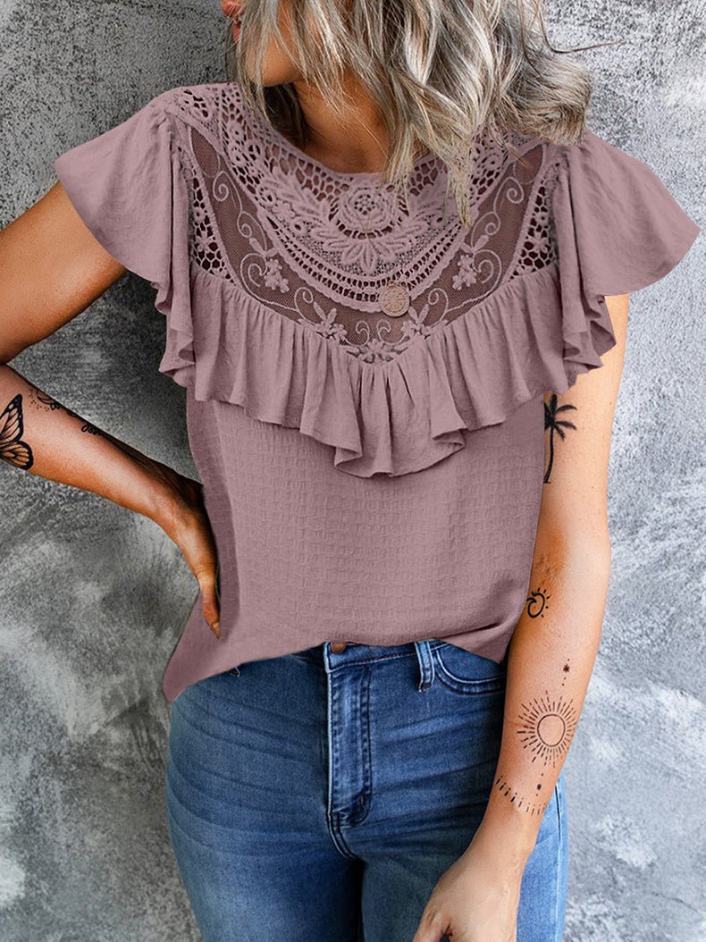 Women's T-Shirts Solid Lace Stitching Round Neck Ruffle T-Shirt - T-Shirts - Instastyled | Online Fashion Free Shipping Clothing, Dresses, Tops, Shoes - 10/08/2022 - 30-40 - color-black