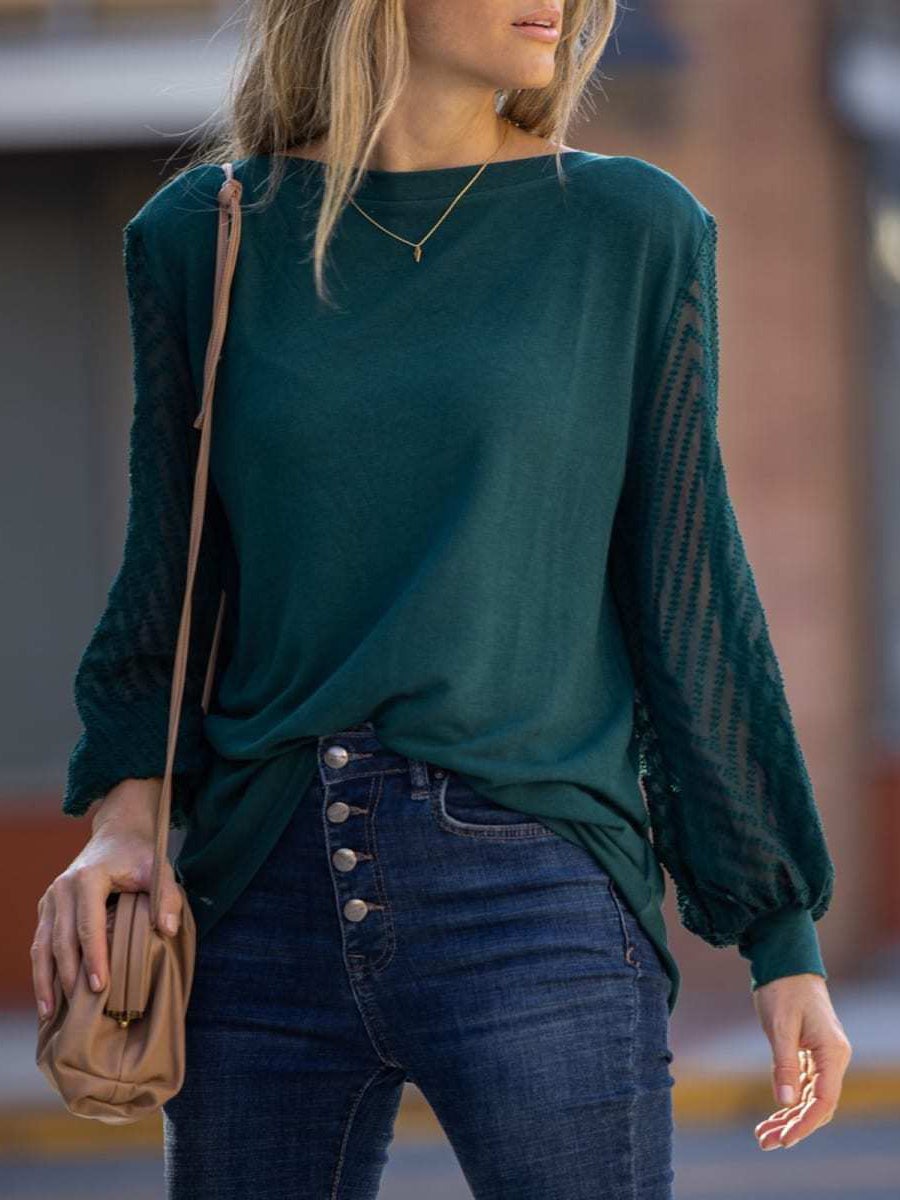 Women's T-Shirts Solid Mesh Stitching Lantern Long Sleeve T-Shirt - T-Shirts - Instastyled | Online Fashion Free Shipping Clothing, Dresses, Tops, Shoes - 20-30 - 25/12/2021 - color-army_green