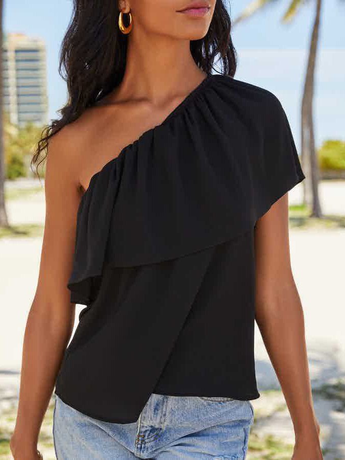 Women's T-Shirts Solid One Shoulder Ruffle T-Shirt - T-Shirts - Instastyled | Online Fashion Free Shipping Clothing, Dresses, Tops, Shoes - 12/07/2022 - Color_Black - Color_Green