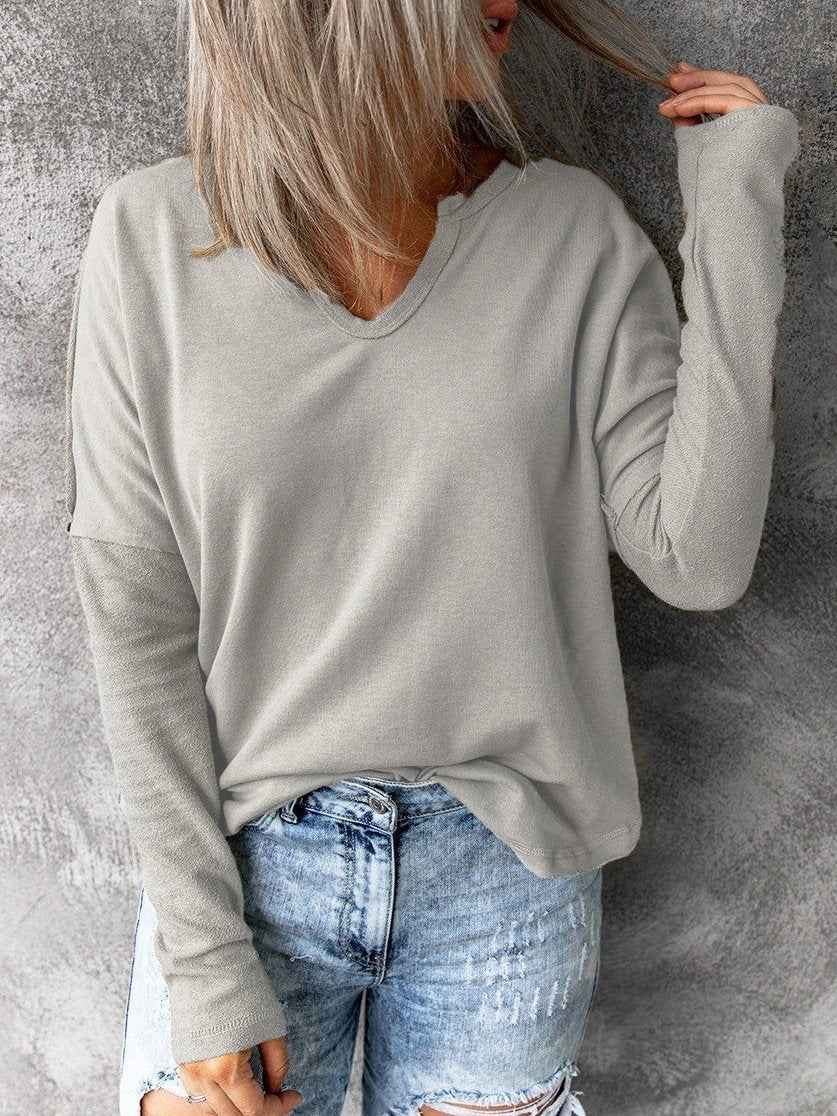 Women's T-Shirts Solid Pullover V-Neck Long Sleeve T-Shirts - T-Shirts - INS | Online Fashion Free Shipping Clothing, Dresses, Tops, Shoes - 06/09/2021 - 10-20 - Category_T-Shirts