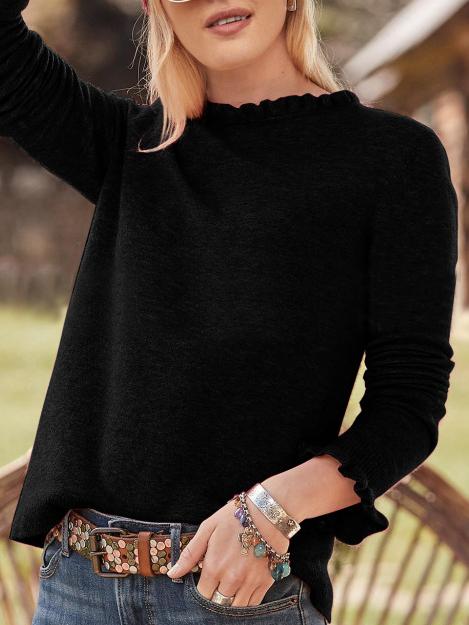 Women's T-Shirts Solid Ruffled Round Neck Long Sleeve Woolen T-Shirt - T-Shirts - INS | Online Fashion Free Shipping Clothing, Dresses, Tops, Shoes - 20-30 - 22/10/2021 - color-black