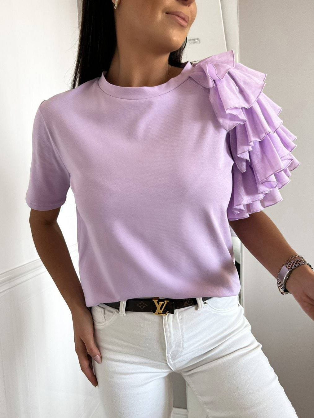 Women's T-Shirts Solid Simple Ruffle Short Sleeve T-Shirt - T-Shirts - Instastyled | Online Fashion Free Shipping Clothing, Dresses, Tops, Shoes - 24/04/2022 - Color_Blue - Color_Coffee