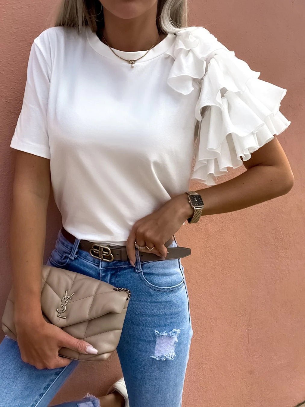 Women's T-Shirts Solid Simple Ruffle Short Sleeve T-Shirt - T-Shirts - Instastyled | Online Fashion Free Shipping Clothing, Dresses, Tops, Shoes - 24/04/2022 - Color_Blue - Color_Coffee