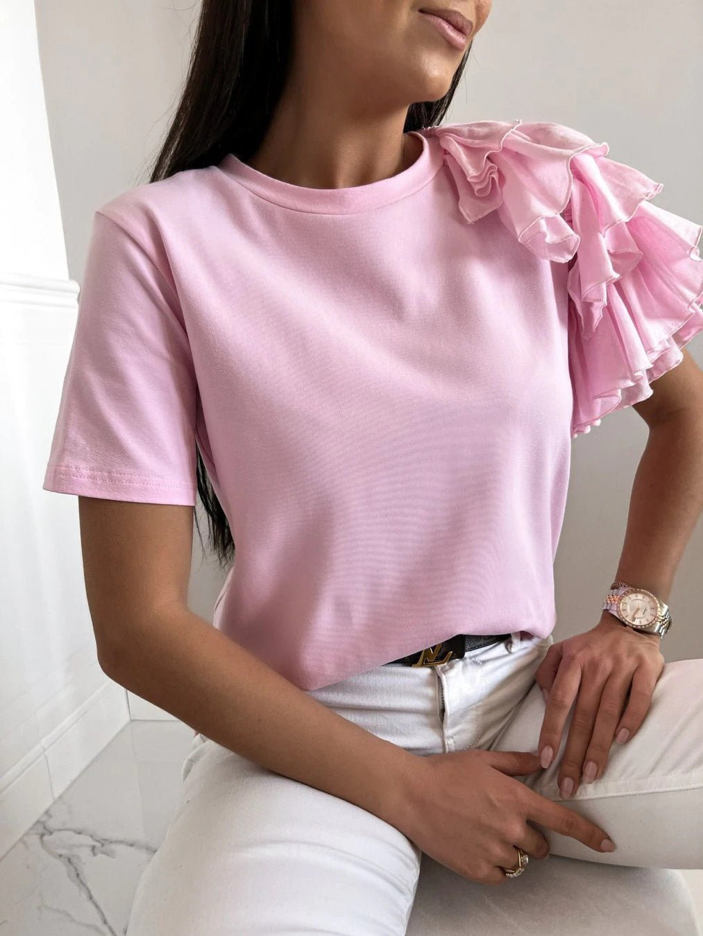 Women's T-Shirts Solid Simple Ruffle Short Sleeve T-Shirt - T-Shirts - Instastyled | Online Fashion Free Shipping Clothing, Dresses, Tops, Shoes - 24/04/2022 - Color_Blue - Color_Coffee