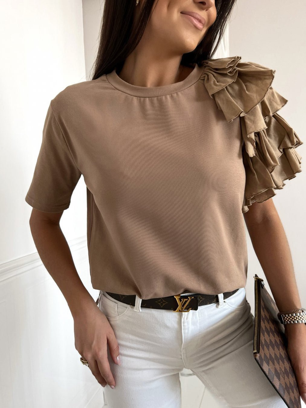 Women's T-Shirts Solid Simple Ruffle Short Sleeve T-Shirt - T-Shirts - Instastyled | Online Fashion Free Shipping Clothing, Dresses, Tops, Shoes - 24/04/2022 - Color_Blue - Color_Coffee