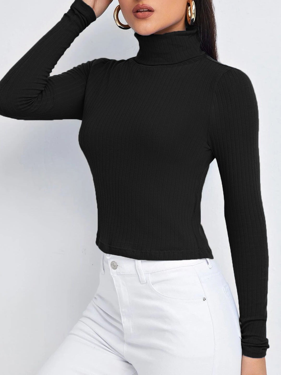 Women's T-Shirts Solid Turtleneck Long Sleeve T-Shirt - T-Shirts - Instastyled | Online Fashion Free Shipping Clothing, Dresses, Tops, Shoes - 13/10/2022 - Color_Black - Color_Blue