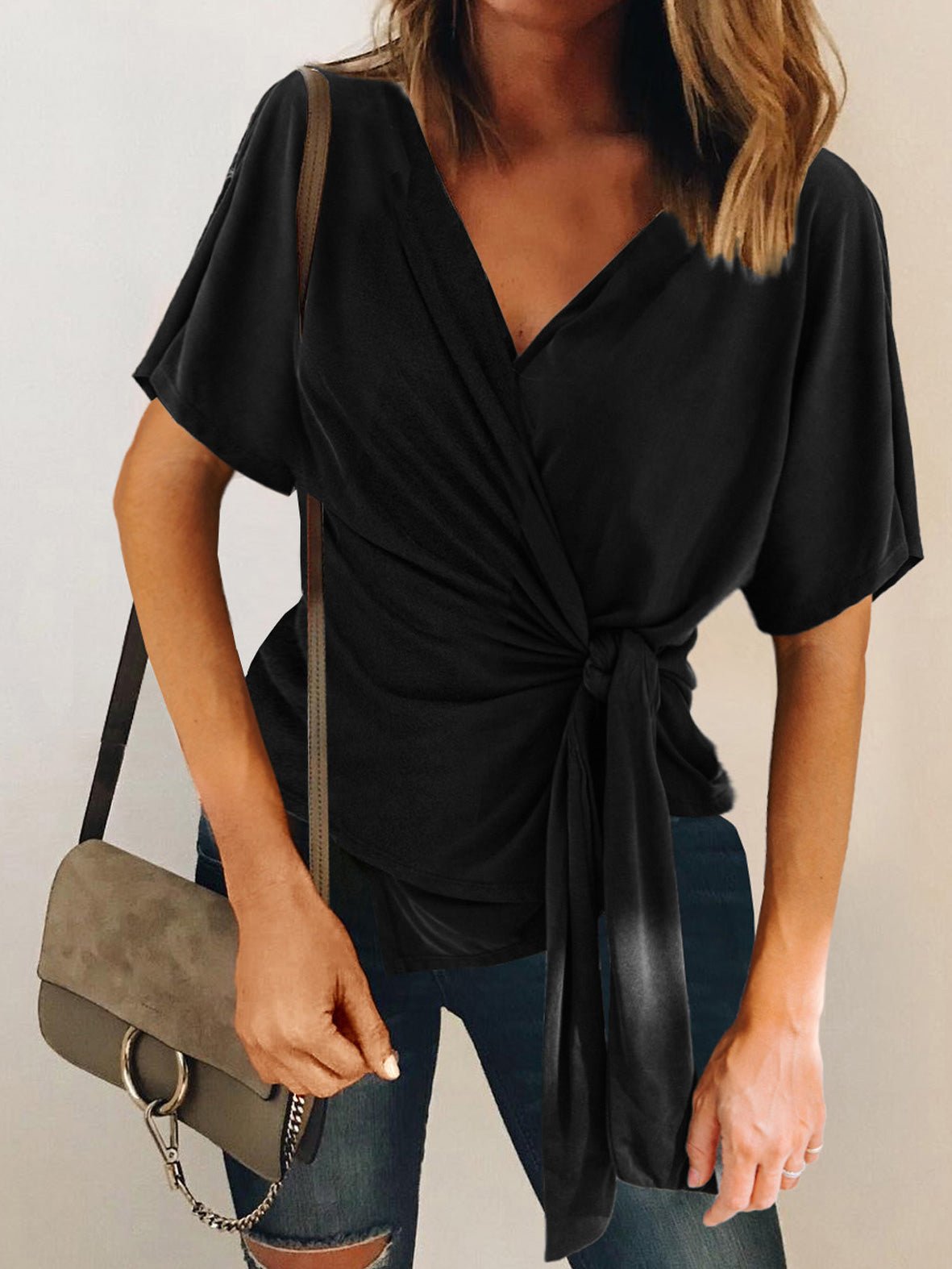 Women's T-Shirts Solid V-Neck Belted Short Sleeve T-Shirt - T-Shirts - Instastyled | Online Fashion Free Shipping Clothing, Dresses, Tops, Shoes - 03/03/2022 - 20-30 - color-black