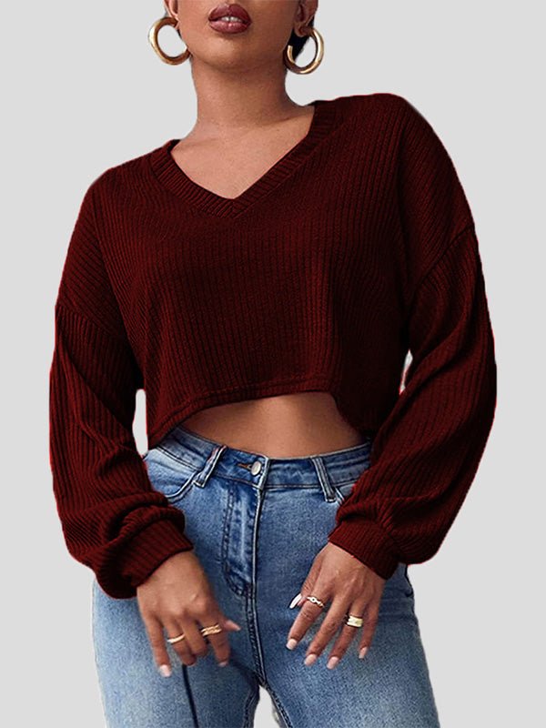 Women's T-Shirts Solid V-Neck Crop Long Sleeve Knit T-Shirt - T-Shirts - Instastyled | Online Fashion Free Shipping Clothing, Dresses, Tops, Shoes - 01/09/2022 - 20-30 - color-black