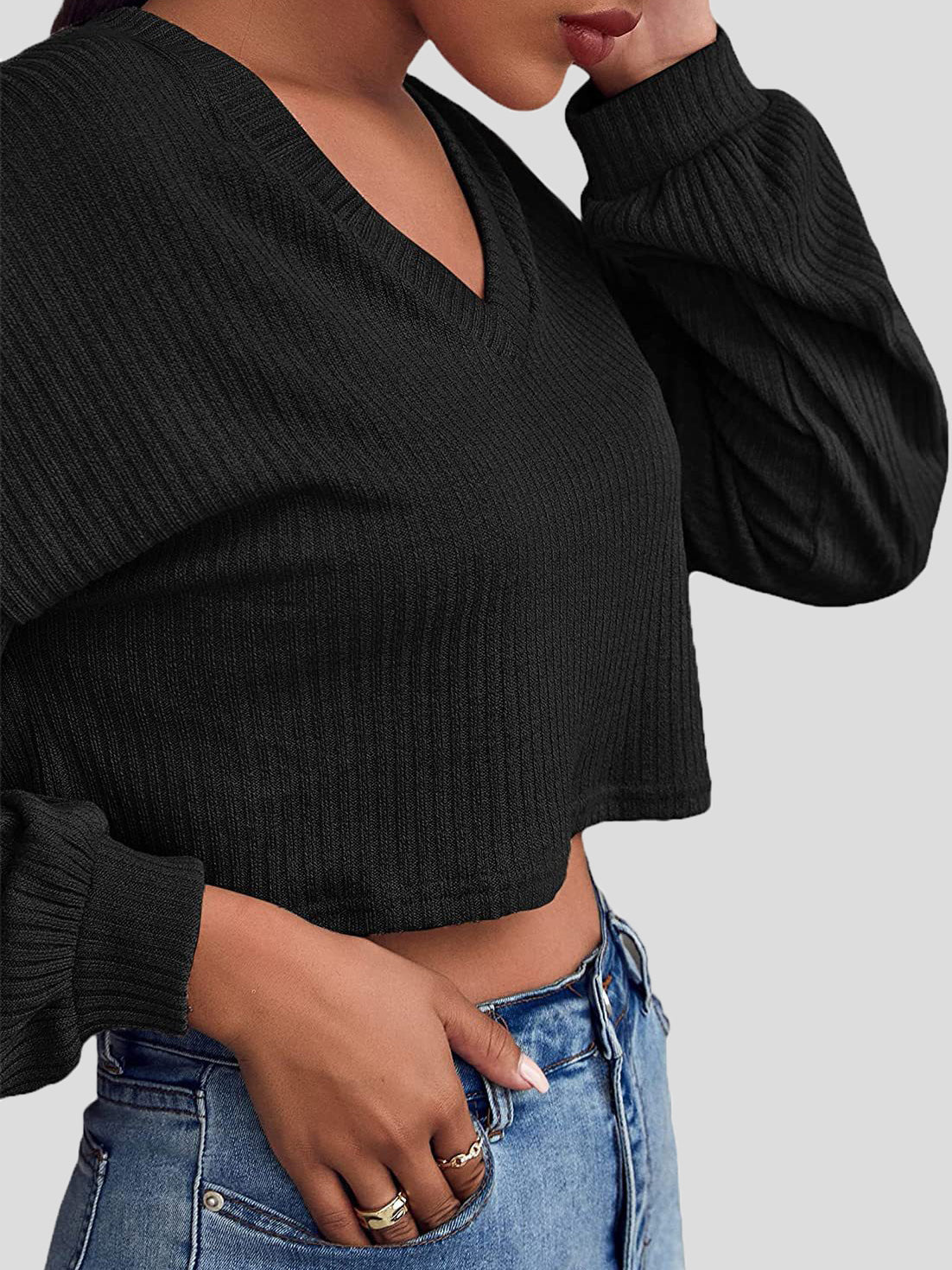 Women's T-Shirts Solid V-Neck Crop Long Sleeve Knit T-Shirt - T-Shirts - Instastyled | Online Fashion Free Shipping Clothing, Dresses, Tops, Shoes - 01/09/2022 - 20-30 - color-black