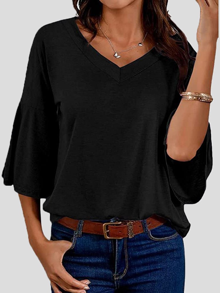 Women's T-Shirts Solid V-Neck Flared Sleeve T-Shirt - T-Shirts - Instastyled | Online Fashion Free Shipping Clothing, Dresses, Tops, Shoes - 20-30 - 22/08/2022 - color-black