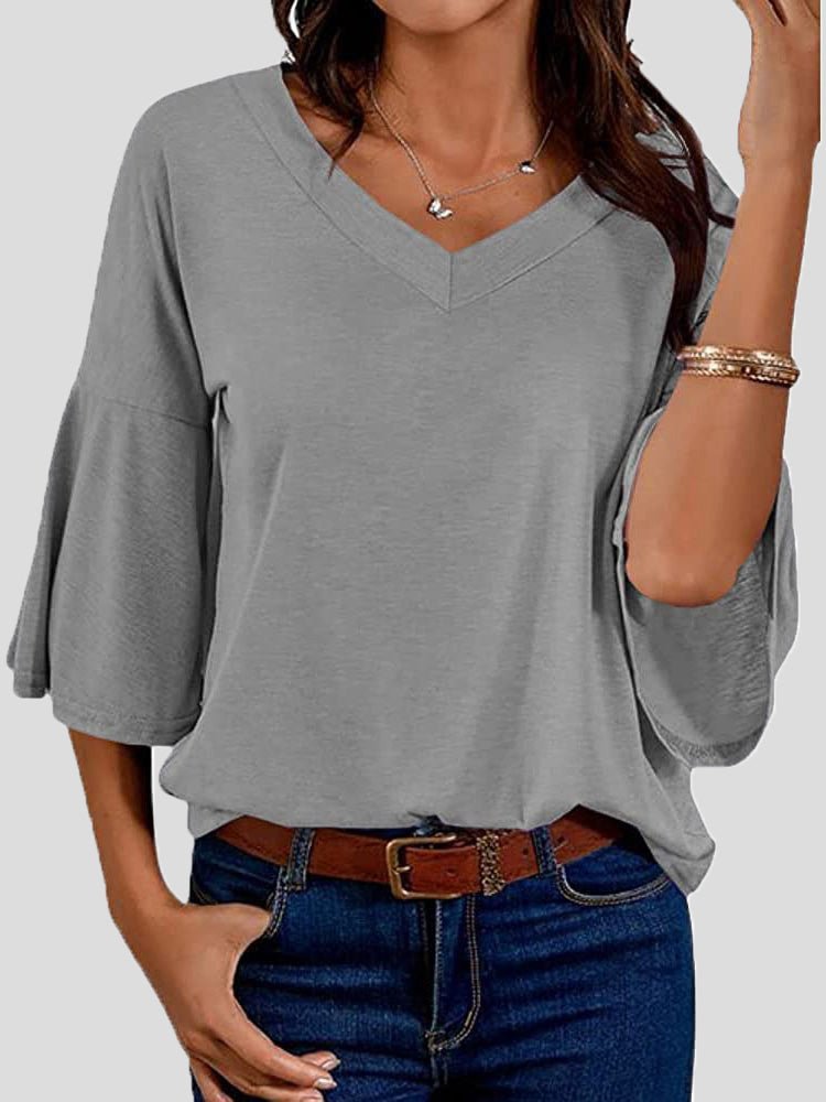 Women's T-Shirts Solid V-Neck Flared Sleeve T-Shirt - T-Shirts - Instastyled | Online Fashion Free Shipping Clothing, Dresses, Tops, Shoes - 20-30 - 22/08/2022 - color-black