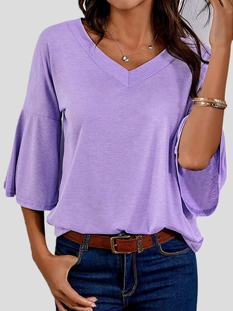 Women's T-Shirts Solid V-Neck Flared Sleeve T-Shirt - T-Shirts - Instastyled | Online Fashion Free Shipping Clothing, Dresses, Tops, Shoes - 20-30 - 22/08/2022 - color-black