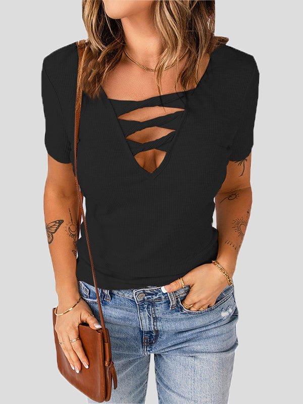 Women's T-Shirts Solid V-Neck Hollow Short Sleeve T-Shirt - T-Shirts - Instastyled | Online Fashion Free Shipping Clothing, Dresses, Tops, Shoes - 20-30 - 25/04/2022 - color-apricot