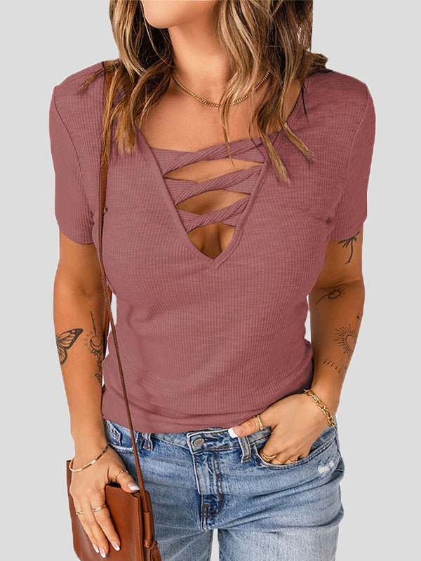 Women's T-Shirts Solid V-Neck Hollow Short Sleeve T-Shirt - T-Shirts - Instastyled | Online Fashion Free Shipping Clothing, Dresses, Tops, Shoes - 20-30 - 25/04/2022 - color-apricot