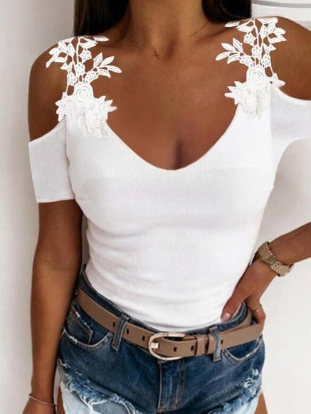 Women's T-Shirts Solid V-Neck Lace Off-Shoulder T-Shirt - T-Shirts - Instastyled | Online Fashion Free Shipping Clothing, Dresses, Tops, Shoes - 14/06/2022 - 20-30 - color-black