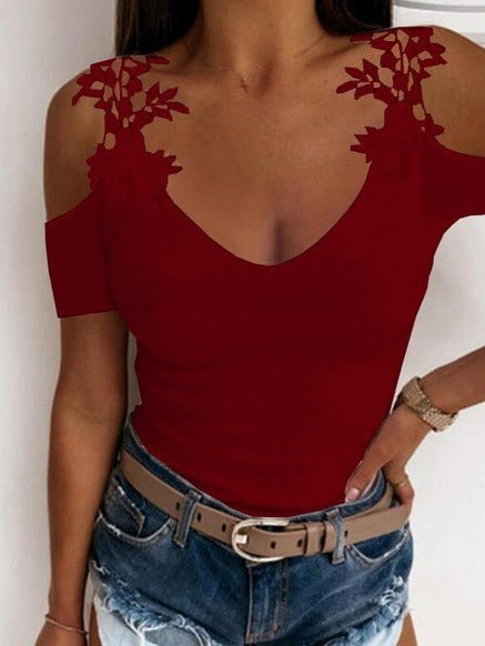 Women's T-Shirts Solid V-Neck Lace Off-Shoulder T-Shirt - T-Shirts - Instastyled | Online Fashion Free Shipping Clothing, Dresses, Tops, Shoes - 14/06/2022 - 20-30 - color-black