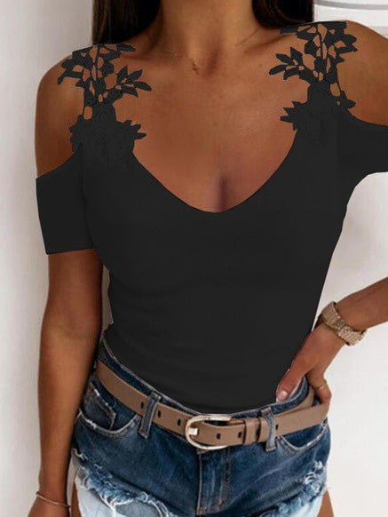 Women's T-Shirts Solid V-Neck Lace Off-Shoulder T-Shirt - T-Shirts - Instastyled | Online Fashion Free Shipping Clothing, Dresses, Tops, Shoes - 14/06/2022 - 20-30 - color-black