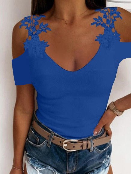 Women's T-Shirts Solid V-Neck Lace Off-Shoulder T-Shirt - T-Shirts - Instastyled | Online Fashion Free Shipping Clothing, Dresses, Tops, Shoes - 14/06/2022 - 20-30 - color-black