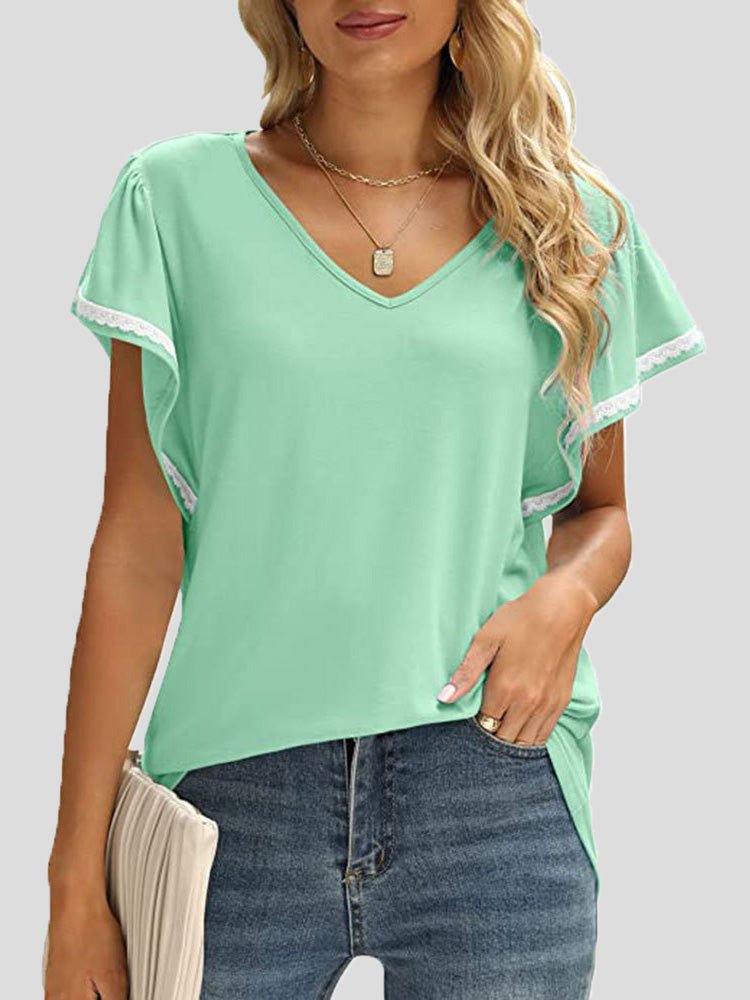 Women's T-Shirts Solid V-Neck Lace Ruffle Sleeve T-Shirt - T-Shirts - Instastyled | Online Fashion Free Shipping Clothing, Dresses, Tops, Shoes - 15/04/2022 - 20-30 - color-black