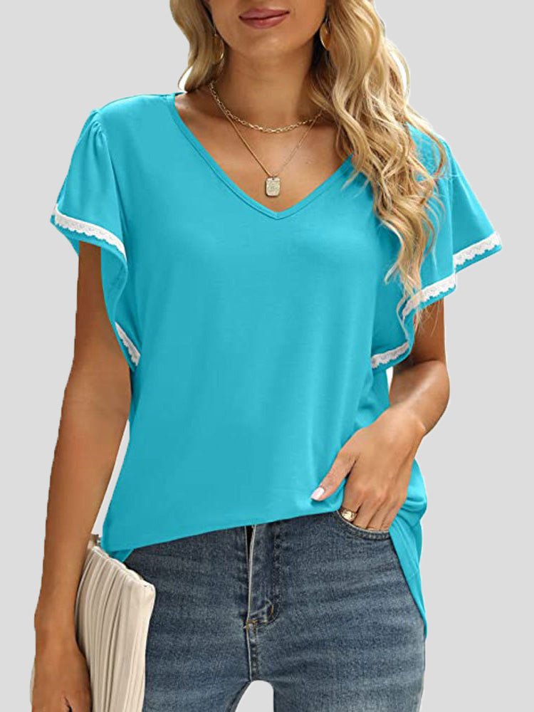 Women's T-Shirts Solid V-Neck Lace Ruffle Sleeve T-Shirt - T-Shirts - Instastyled | Online Fashion Free Shipping Clothing, Dresses, Tops, Shoes - 15/04/2022 - 20-30 - color-black