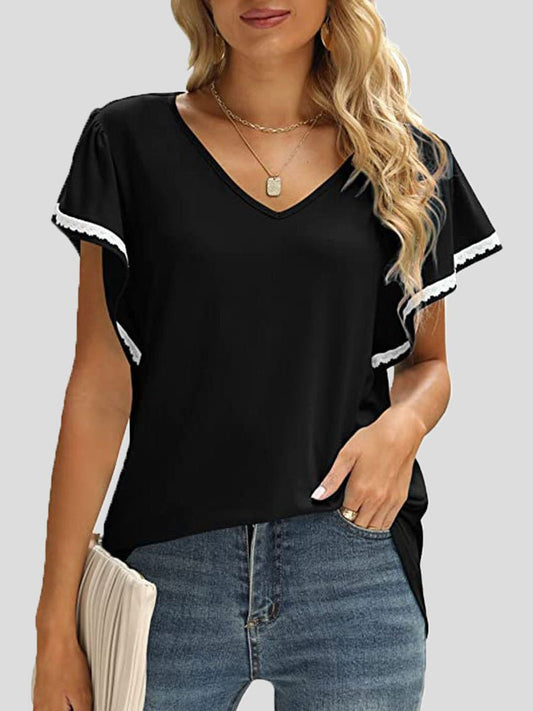 Women's T-Shirts Solid V-Neck Lace Ruffle Sleeve T-Shirt - T-Shirts - Instastyled | Online Fashion Free Shipping Clothing, Dresses, Tops, Shoes - 15/04/2022 - 20-30 - color-black