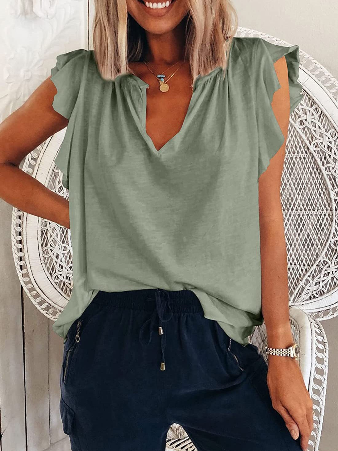 Women's T-Shirts Solid V-Neck Ruffle Short Sleeve T-Shirt - T-Shirts - Instastyled | Online Fashion Free Shipping Clothing, Dresses, Tops, Shoes - 13/01/2022 - 20-30 - color-blue