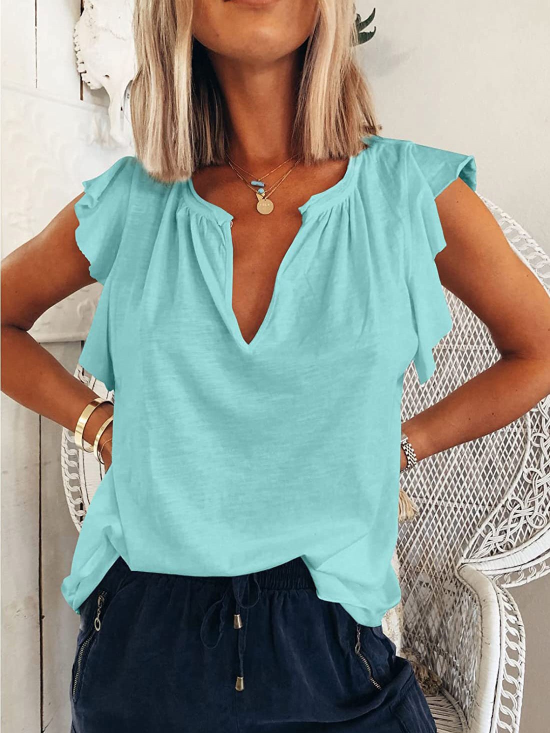 Women's T-Shirts Solid V-Neck Ruffle Short Sleeve T-Shirt - T-Shirts - Instastyled | Online Fashion Free Shipping Clothing, Dresses, Tops, Shoes - 13/01/2022 - 20-30 - color-blue