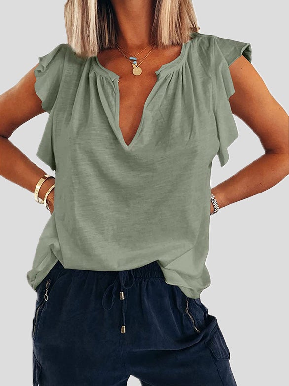 Women's T-Shirts Solid V-Neck Ruffle Short Sleeve T-Shirt - T-Shirts - Instastyled | Online Fashion Free Shipping Clothing, Dresses, Tops, Shoes - 13/01/2022 - 20-30 - color-blue