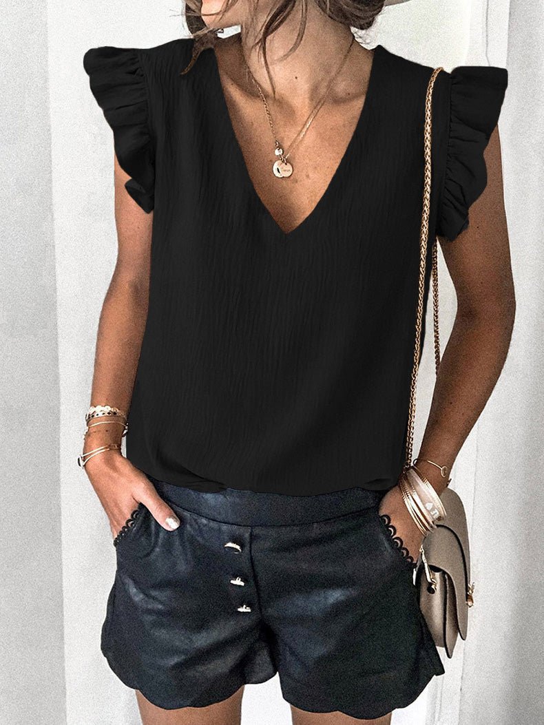 Women's T-Shirts Solid V-Neck Ruffle Sleeve T-Shirt - T-Shirts - Instastyled | Online Fashion Free Shipping Clothing, Dresses, Tops, Shoes - 02/03/2022 - 20-30 - color-black