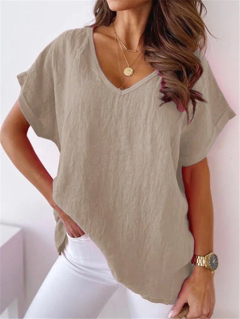 Women's T-Shirts Solid V-Neck Short Sleeve Casual T-Shirt - T-Shirts - Instastyled | Online Fashion Free Shipping Clothing, Dresses, Tops, Shoes - 13/07/2022 - 20-30 - color-blue