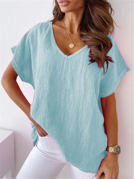 Women's T-Shirts Solid V-Neck Short Sleeve Casual T-Shirt - T-Shirts - Instastyled | Online Fashion Free Shipping Clothing, Dresses, Tops, Shoes - 13/07/2022 - 20-30 - color-blue