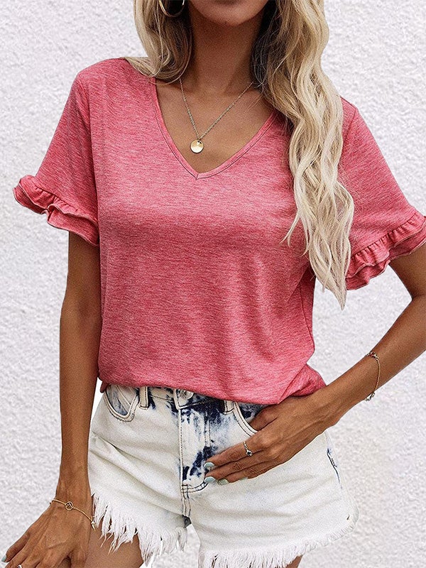 Women's T-Shirts Solid V-Neck Short Sleeve T-Shirt - T-Shirts - Instastyled | Online Fashion Free Shipping Clothing, Dresses, Tops, Shoes - 13/01/2022 - 20-30 - color-black