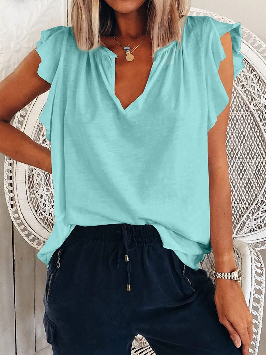 Women's T-Shirts Solid V Neck Short Sleeve T-Shirt - T-Shirts - Instastyled | Online Fashion Free Shipping Clothing, Dresses, Tops, Shoes - 17/02/2022 - 20-30 - color-blue