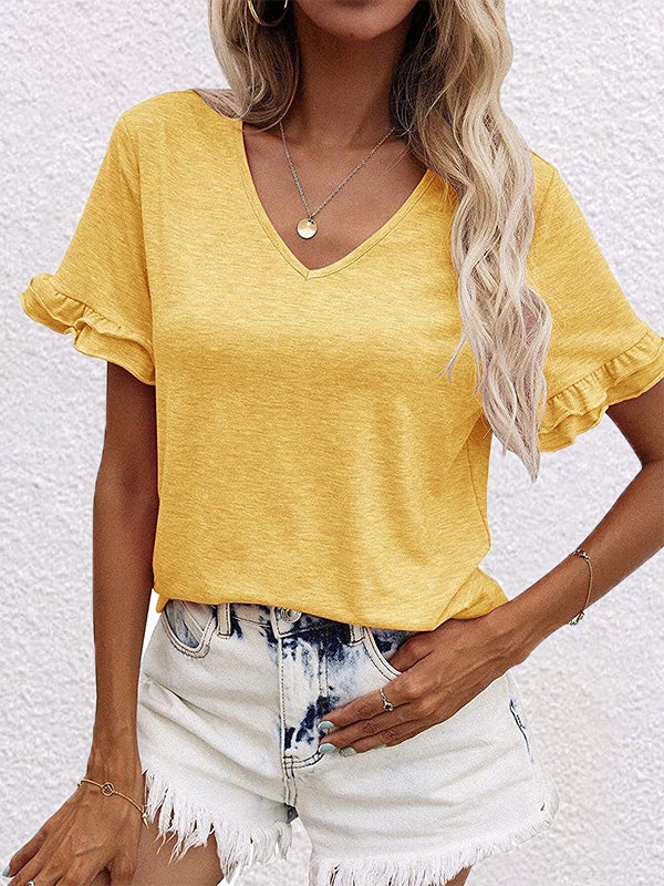 Women's T-Shirts Solid V-Neck Short Sleeve T-Shirt - T-Shirts - Instastyled | Online Fashion Free Shipping Clothing, Dresses, Tops, Shoes - 13/01/2022 - 20-30 - color-black