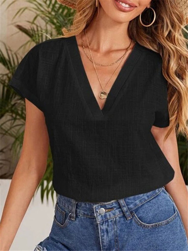 Women's T-Shirts Solid V-Neck Short Sleeve T-Shirt - T-Shirts - Instastyled | Online Fashion Free Shipping Clothing, Dresses, Tops, Shoes - 13/04/2022 - 20-30 - color-black